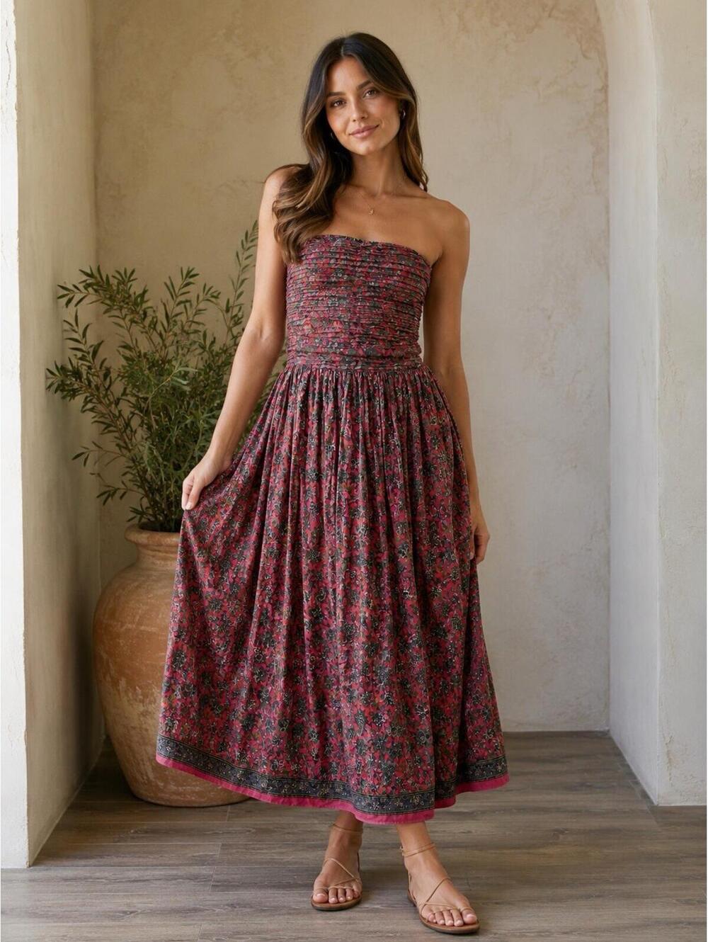 Sani Maya Strapless Maxi Dress Red Floral Beaded Sequin Gown‎ Large NEW
